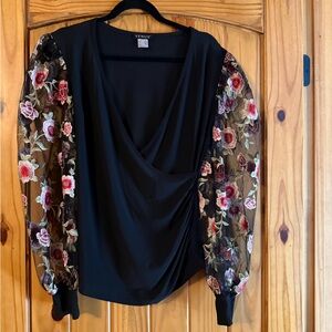 VENUS Black Top with Floral Sleeves Never Worn